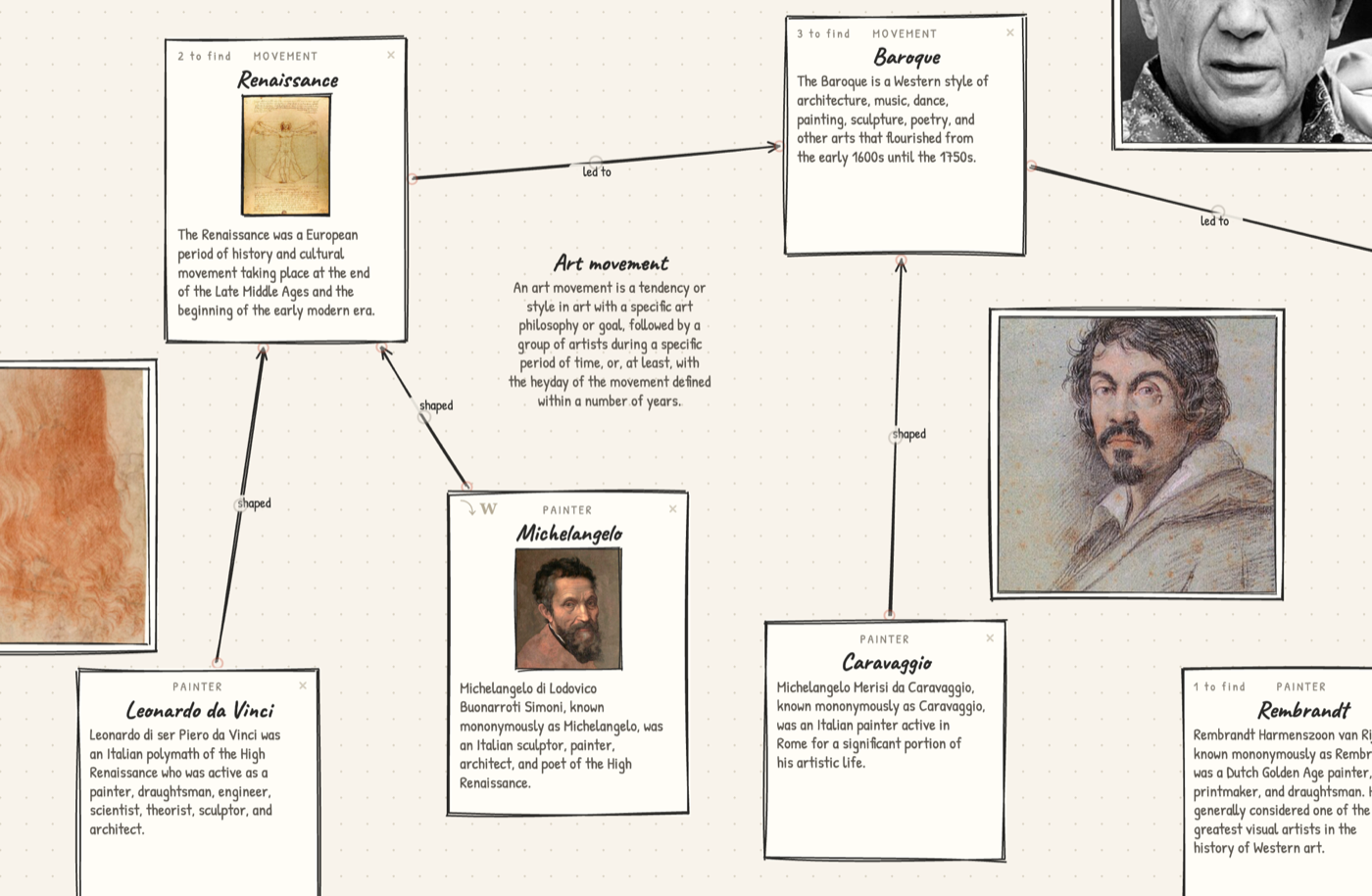 A Fluorite puzzle in progress: cards for Renaissance, Baroque, Michelangelo and Caravaggio connected by hand-drawn arrows