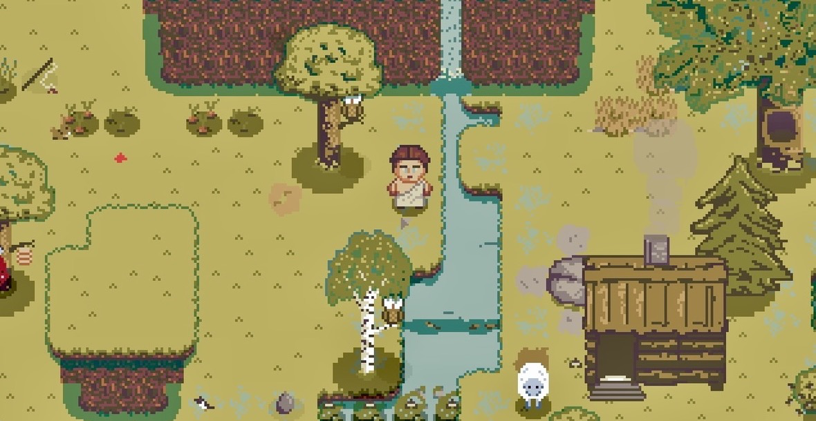 In Our Garden: a character stands by a stream between a birch tree and a log cabin, pixel art
