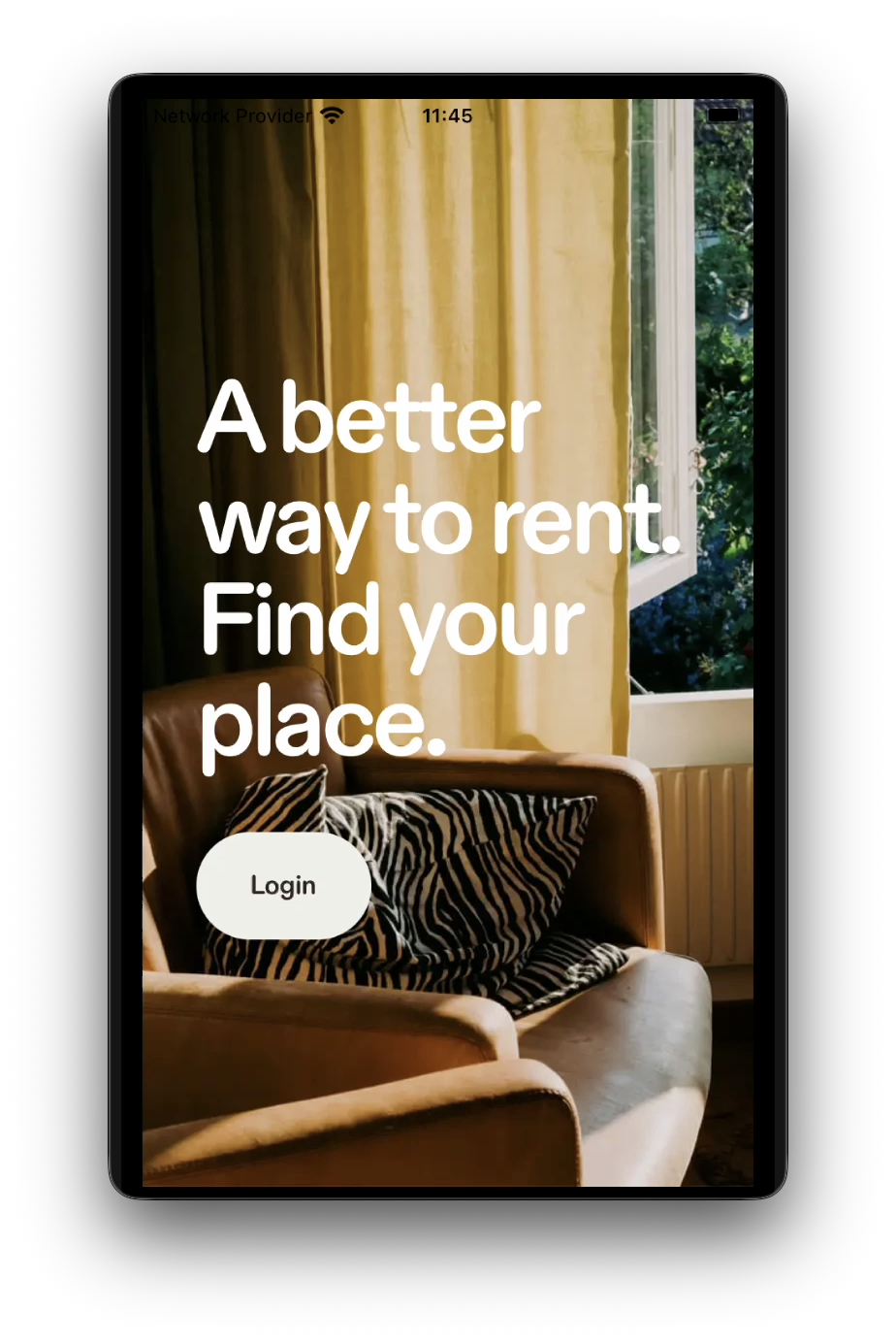 The Qasa app's start screen: an armchair by a sunlit window, the words “A better way to rent. Find your place.” and a Login button